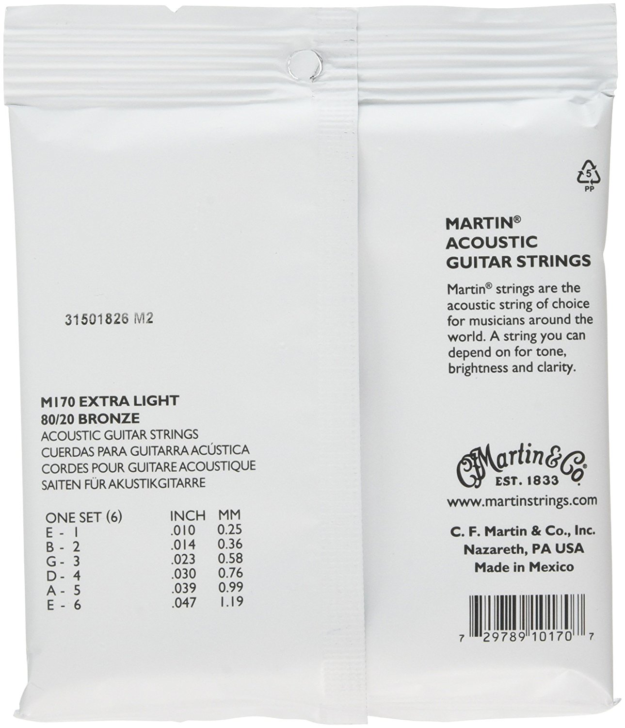 Martin M170 Acoustic Guitar Strings, ExtraLight 80/20 Bronze 1047