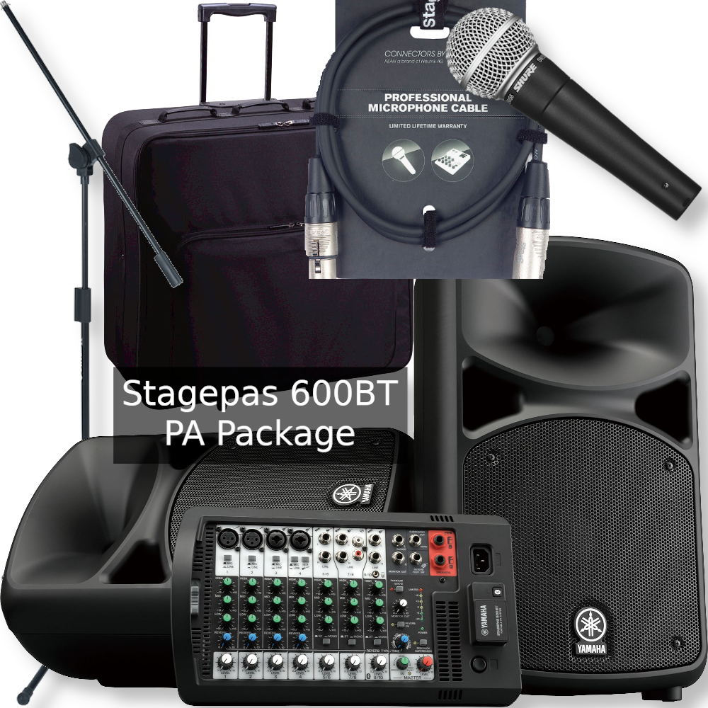 Yamaha Stagepas 600 Portable PA Package with Shure SM58 microphone, cable, boom stand and carry
