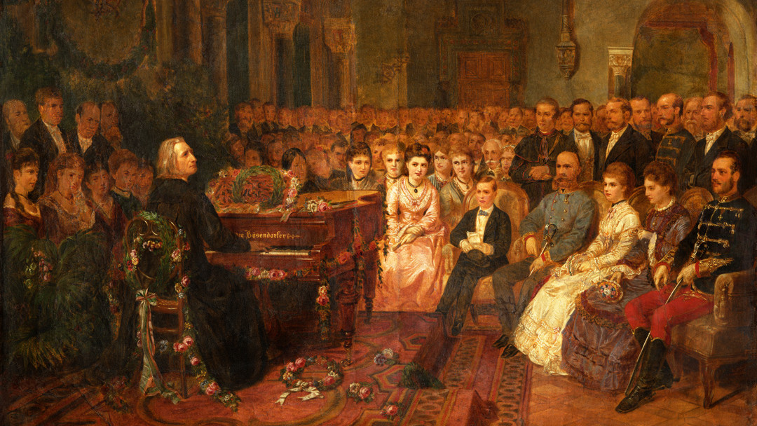 An artist's impression of Franz Liszt performing using a Bösendorfer piano