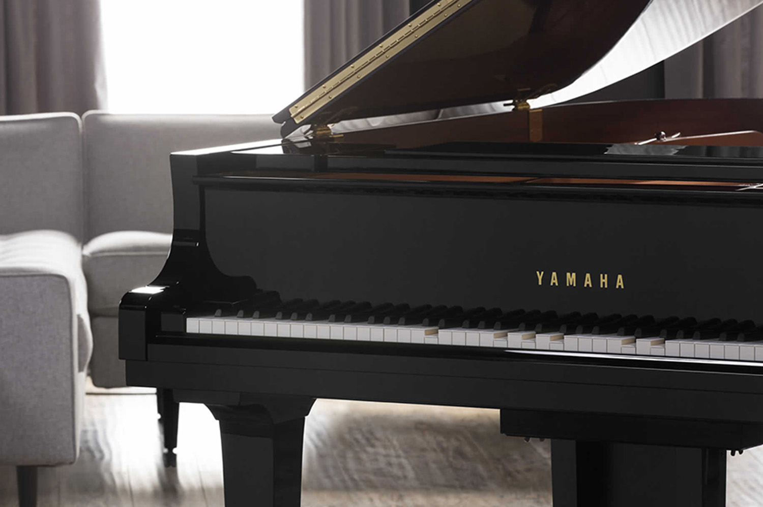 Photo of a Yamaha Disklavier Enspire piano in a living room
