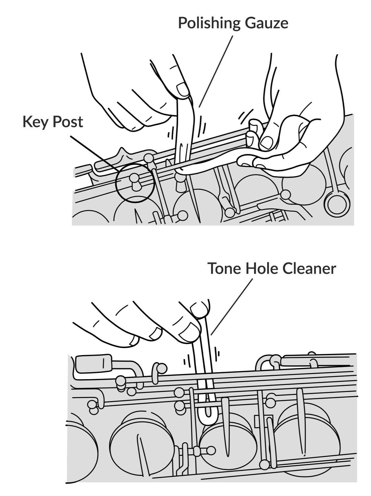 Removing dirt and residue from saxophone keys