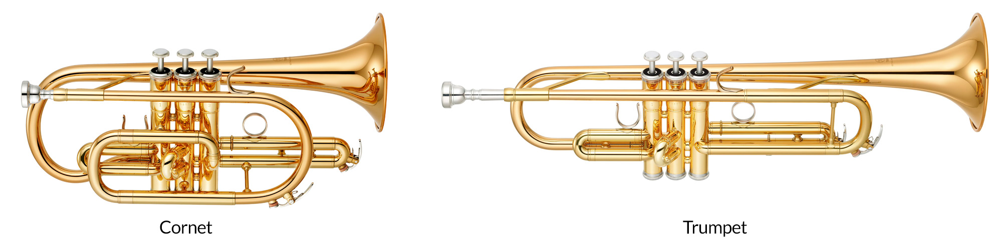 Photo of a Yamaha cornet alongside a Yamaha trumpet