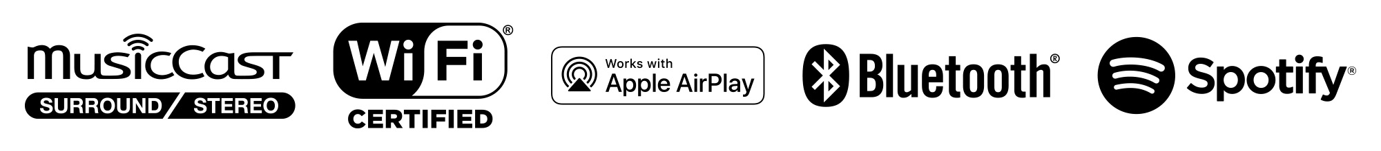 Compatible with: MusicCast (Surround, Stereo & Mono), WiFi, Airplay, Bluetooth; works with Spotify